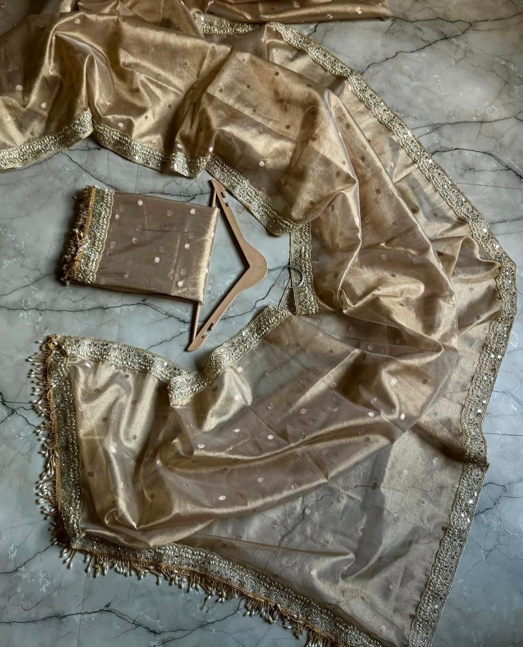 Beige Color Banarasi Tissue Silk Saree With Lace Work Alna Apparels