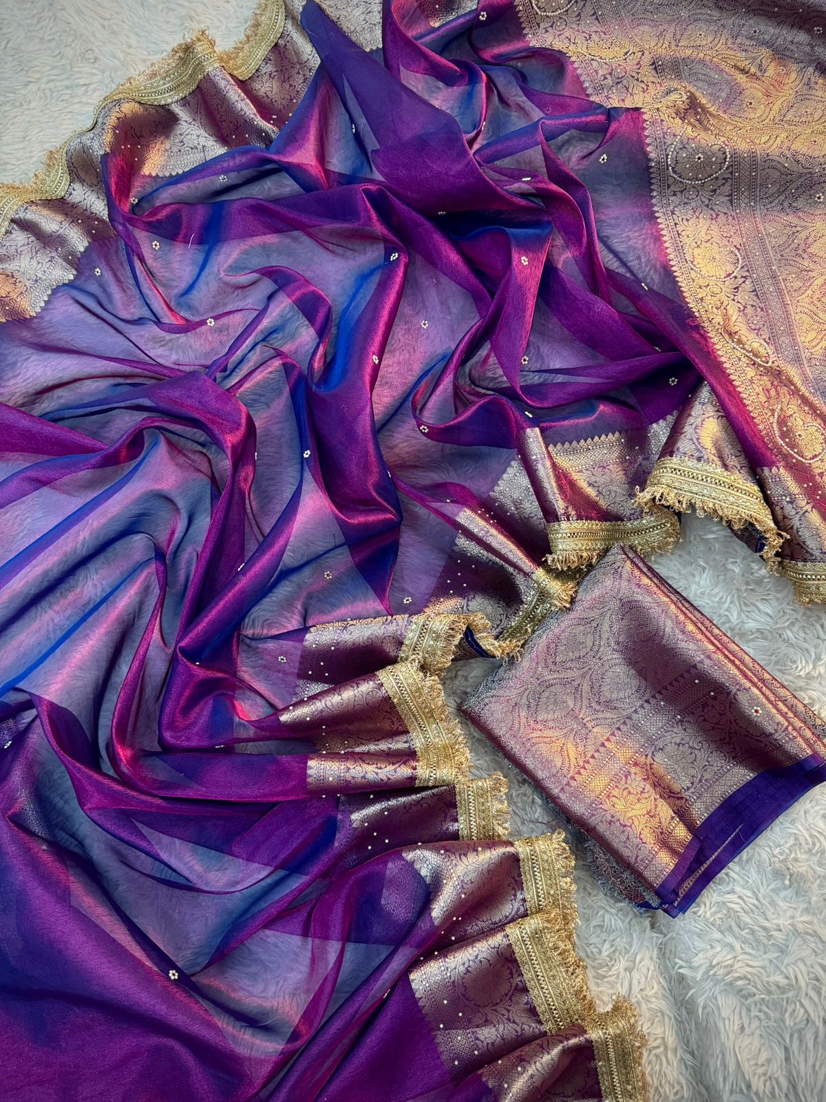 Purple Banarasi Tissue Silk Saree Classy Stone Work With Lace Alna Apparels