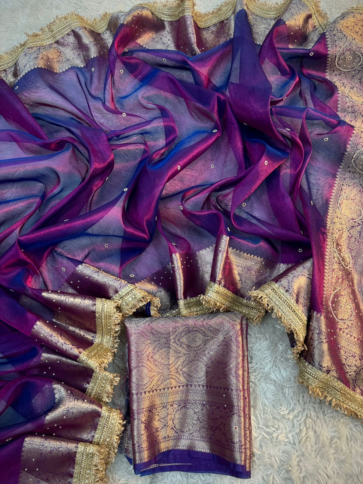 Purple Banarasi Tissue Silk Saree Classy Stone Work With Lace Alna Apparels