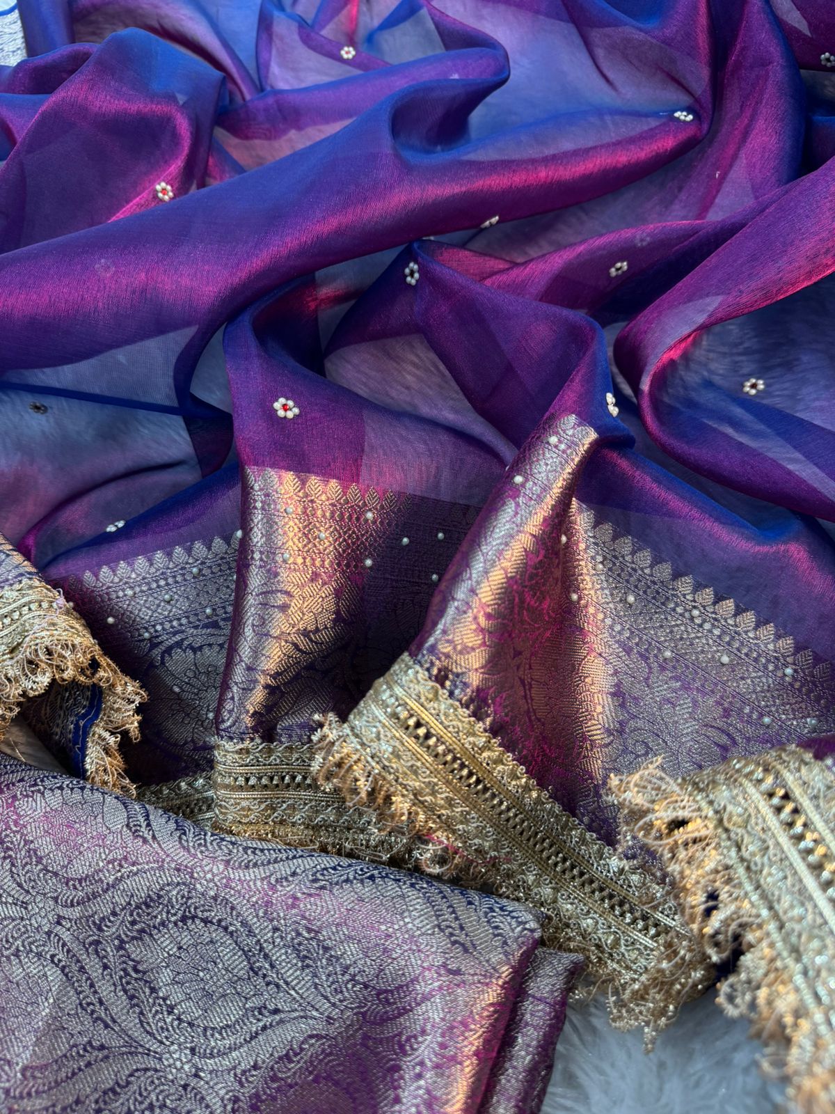 Purple Banarasi Tissue Silk Saree Classy Stone Work With Lace Alna Apparels