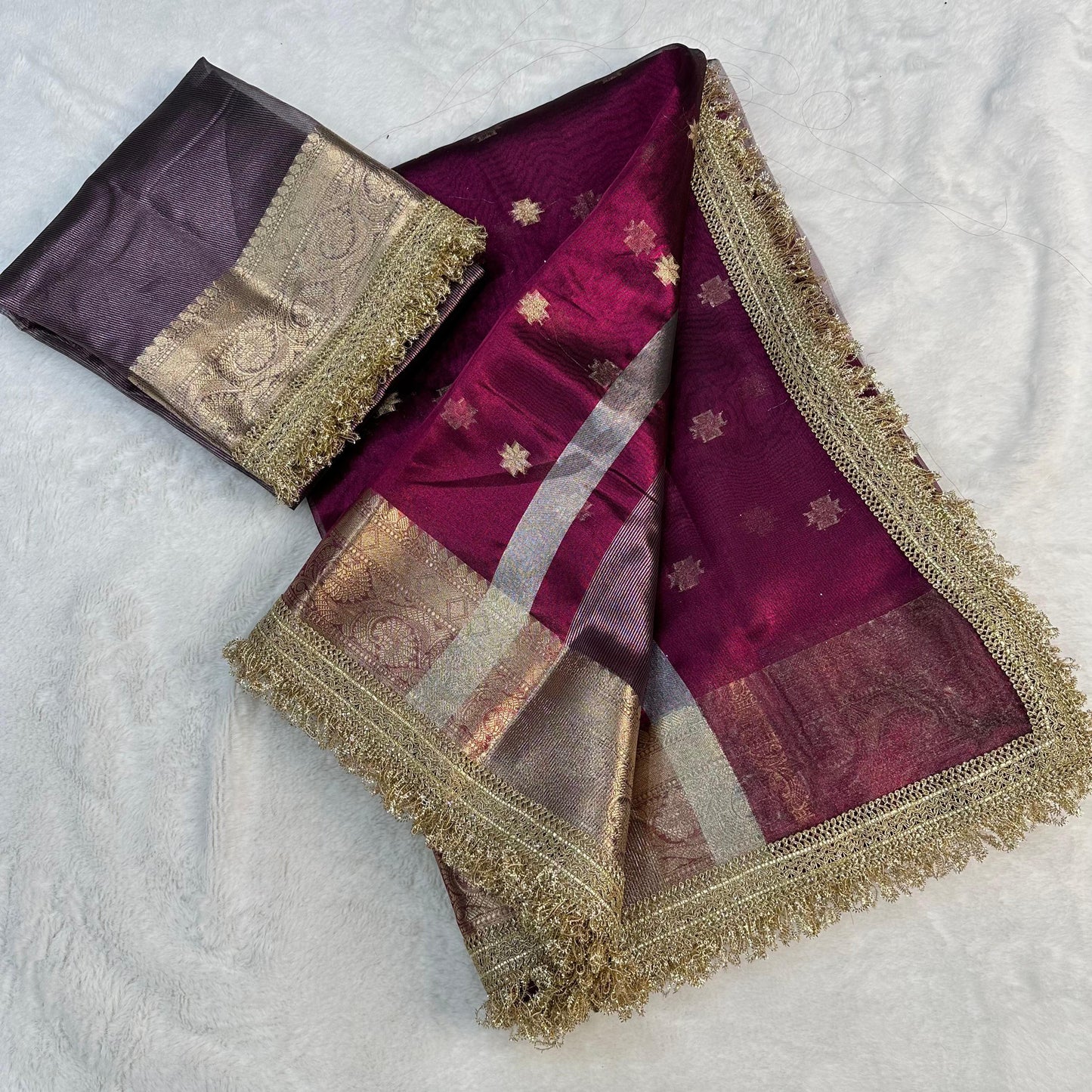 Maroon Banarasi Tissue Silk With Lace Work Alna Apparels