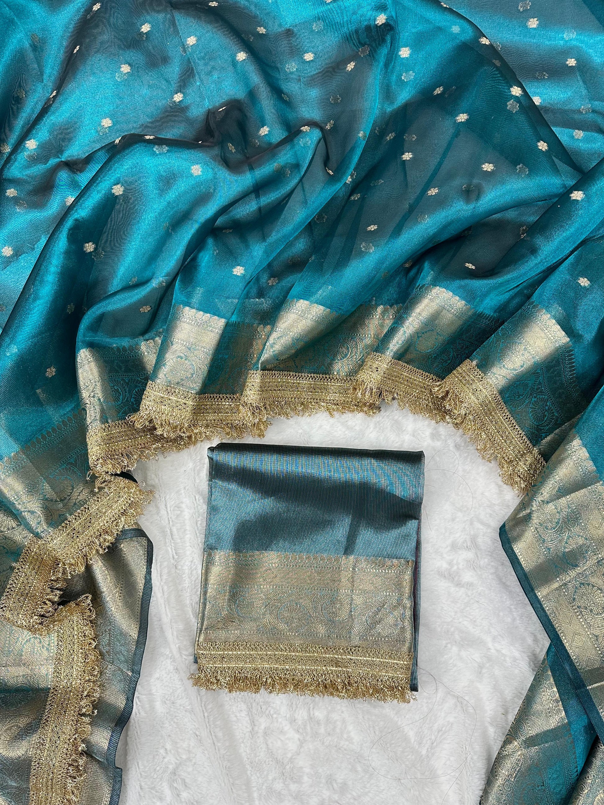 Blue Banarasi Tissue Silk Saree With Lace Work Alna Apparels