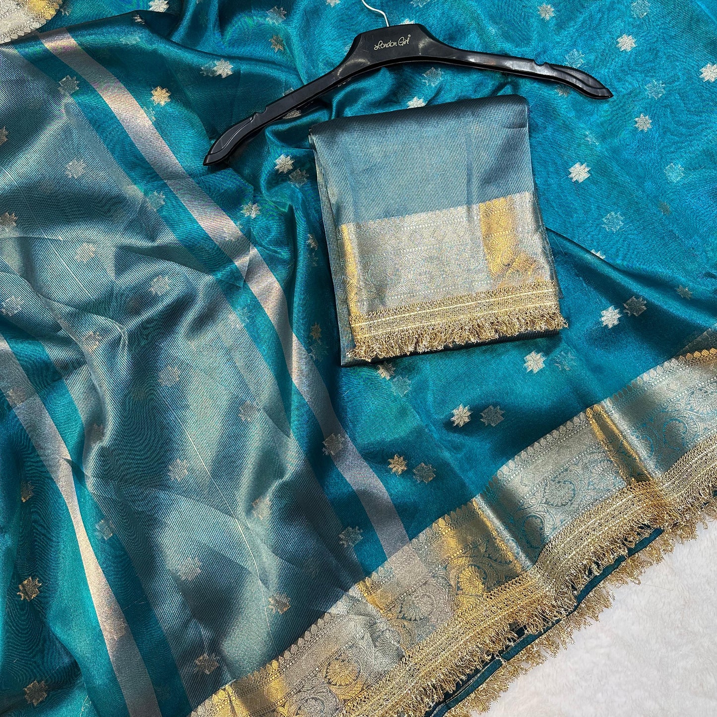 Blue Banarasi Tissue Silk Saree With Lace Work Alna Apparels