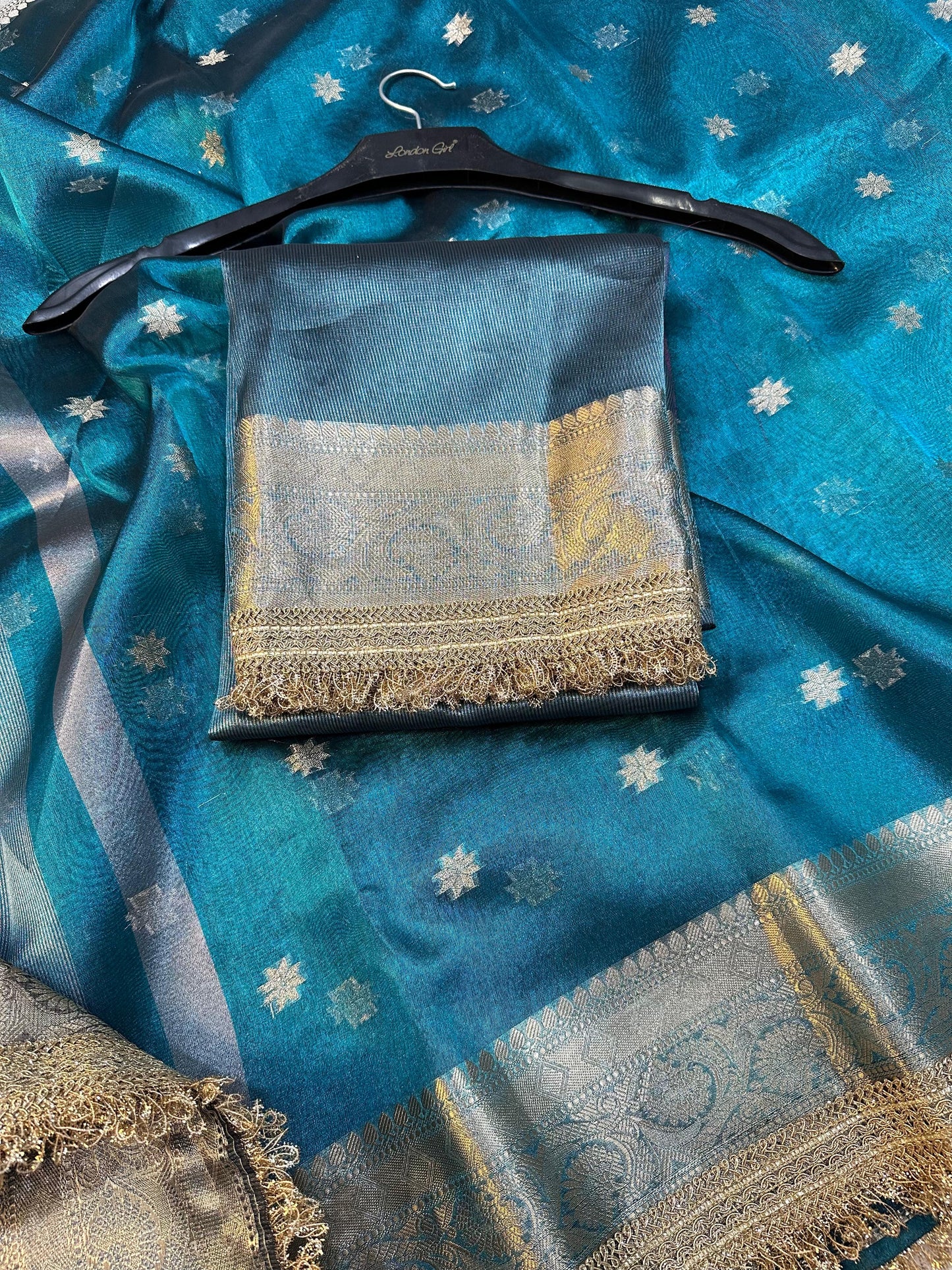 Blue Banarasi Tissue Silk Saree With Lace Work Alna Apparels
