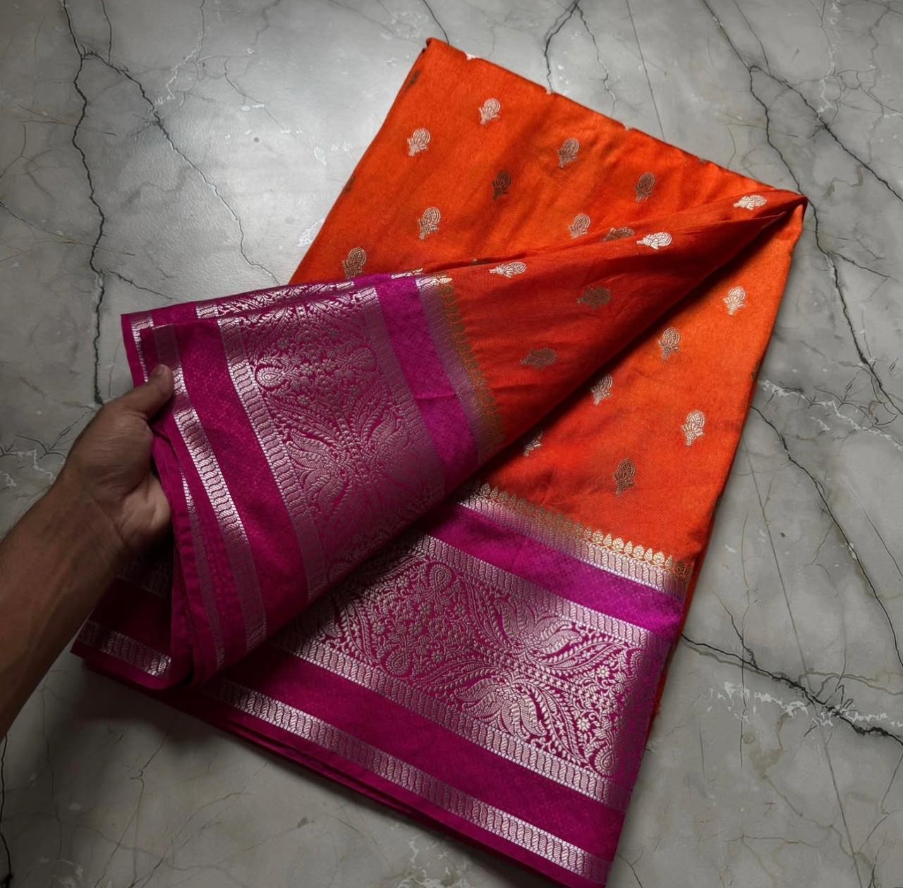 Orange Banarasi Kathan Dupion Silk Saree Alna Apparels
