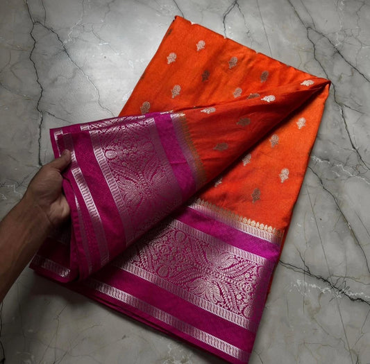 Orange Banarasi Kathan Dupion Silk Saree Alna Apparels