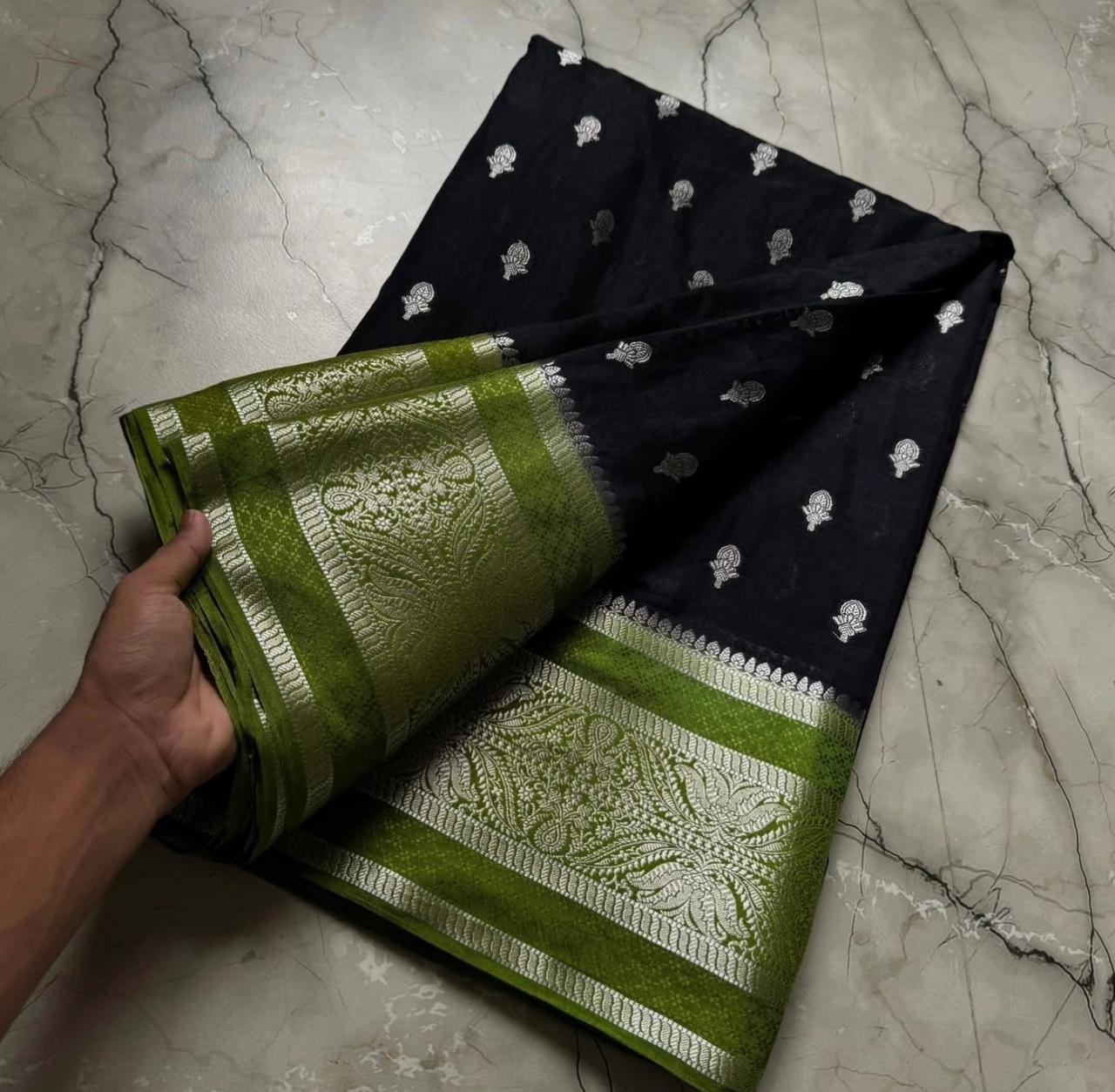 Black Banarasi Kathan Dupion Silk Saree Alna Apparels