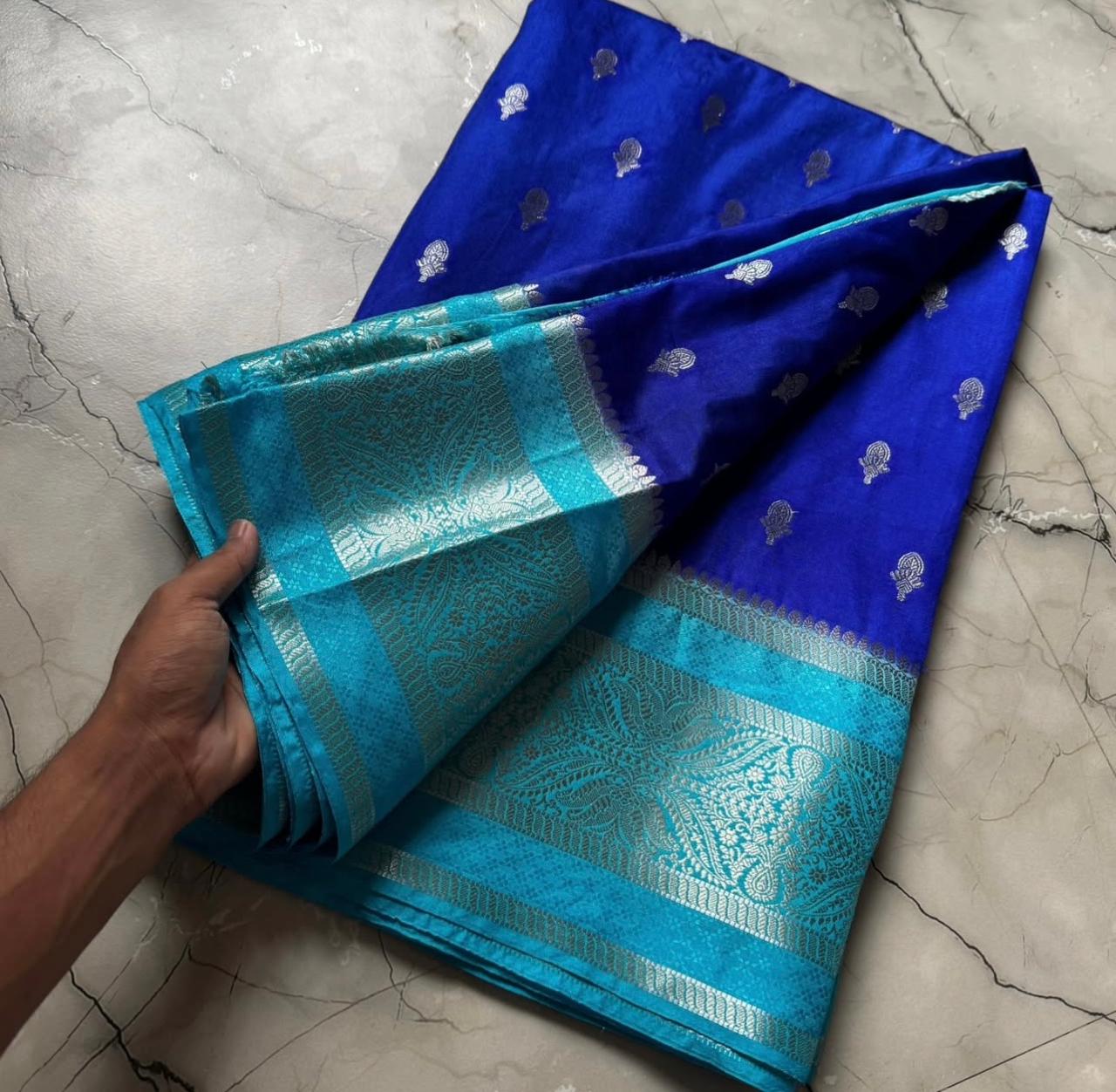 Blue Banarasi Kathan Dupion Silk Saree Alna Apparels