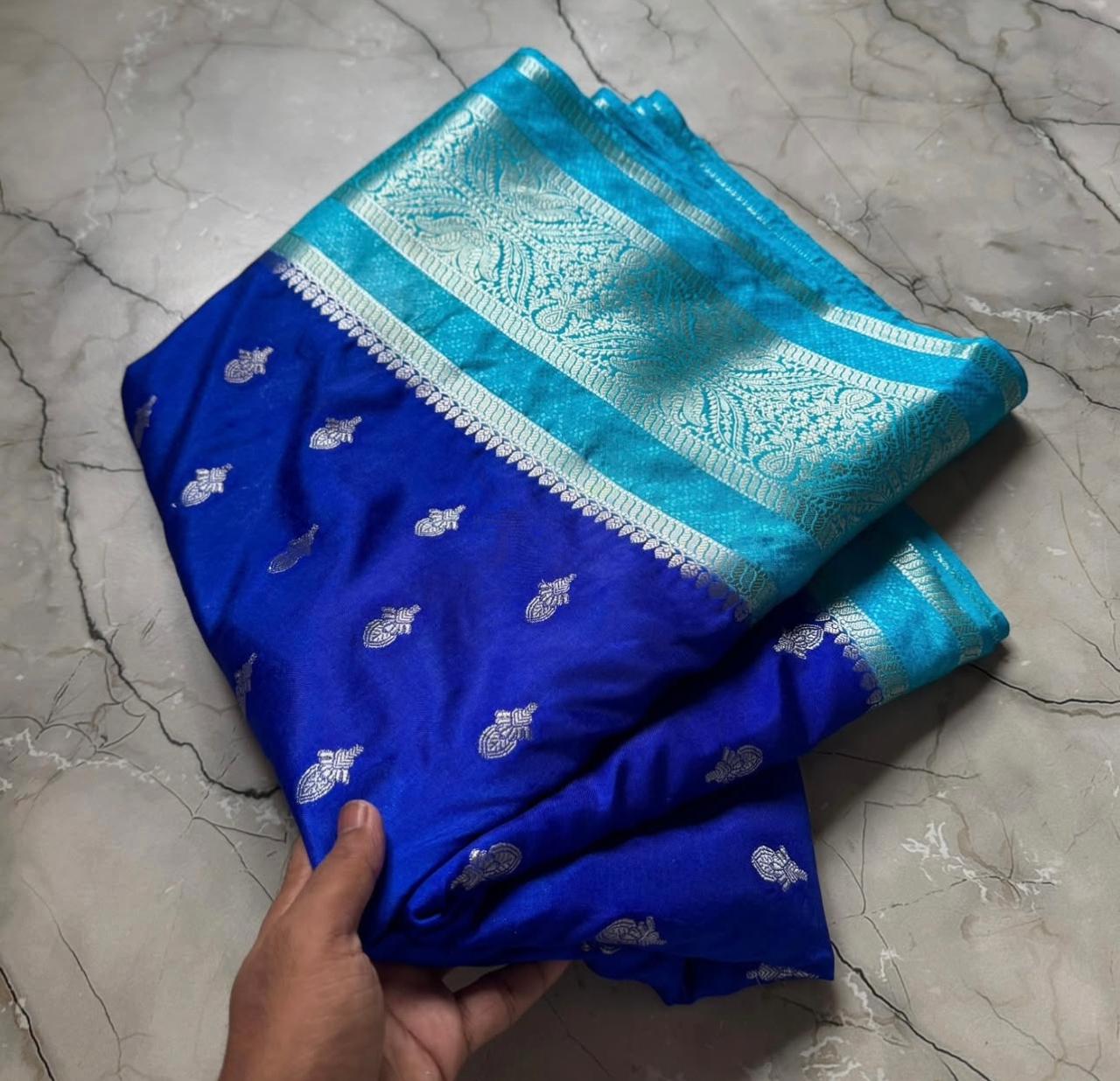 Blue Banarasi Kathan Dupion Silk Saree Alna Apparels