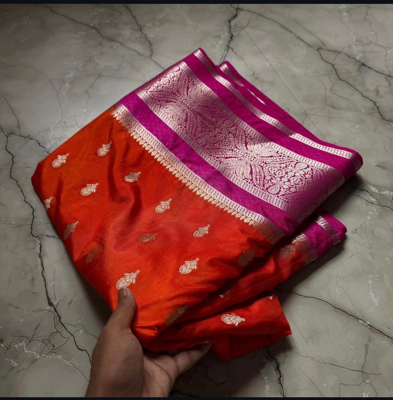 Orange Banarasi Kathan Dupion Silk Saree Alna Apparels