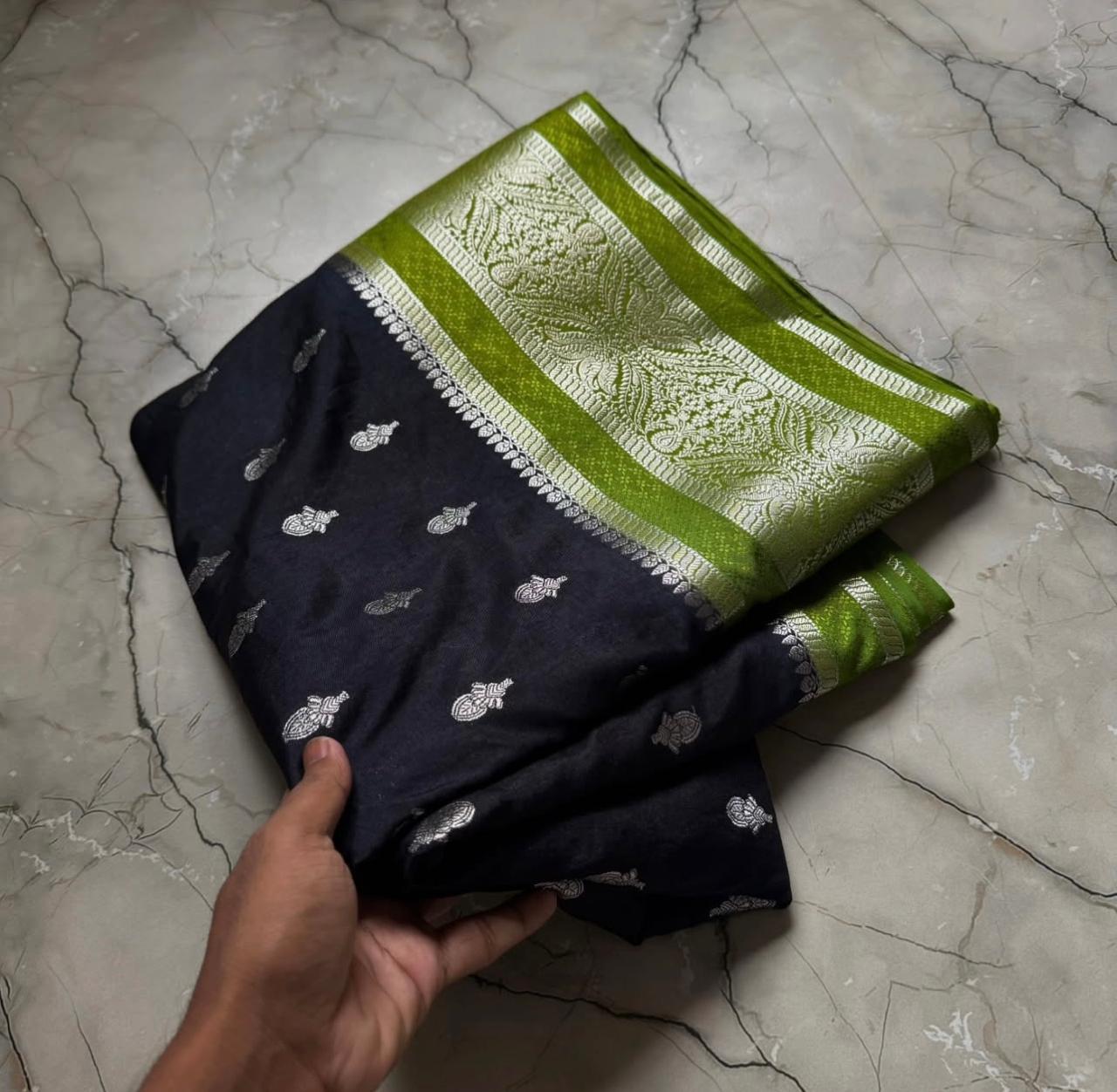 Black Banarasi Kathan Dupion Silk Saree Alna Apparels