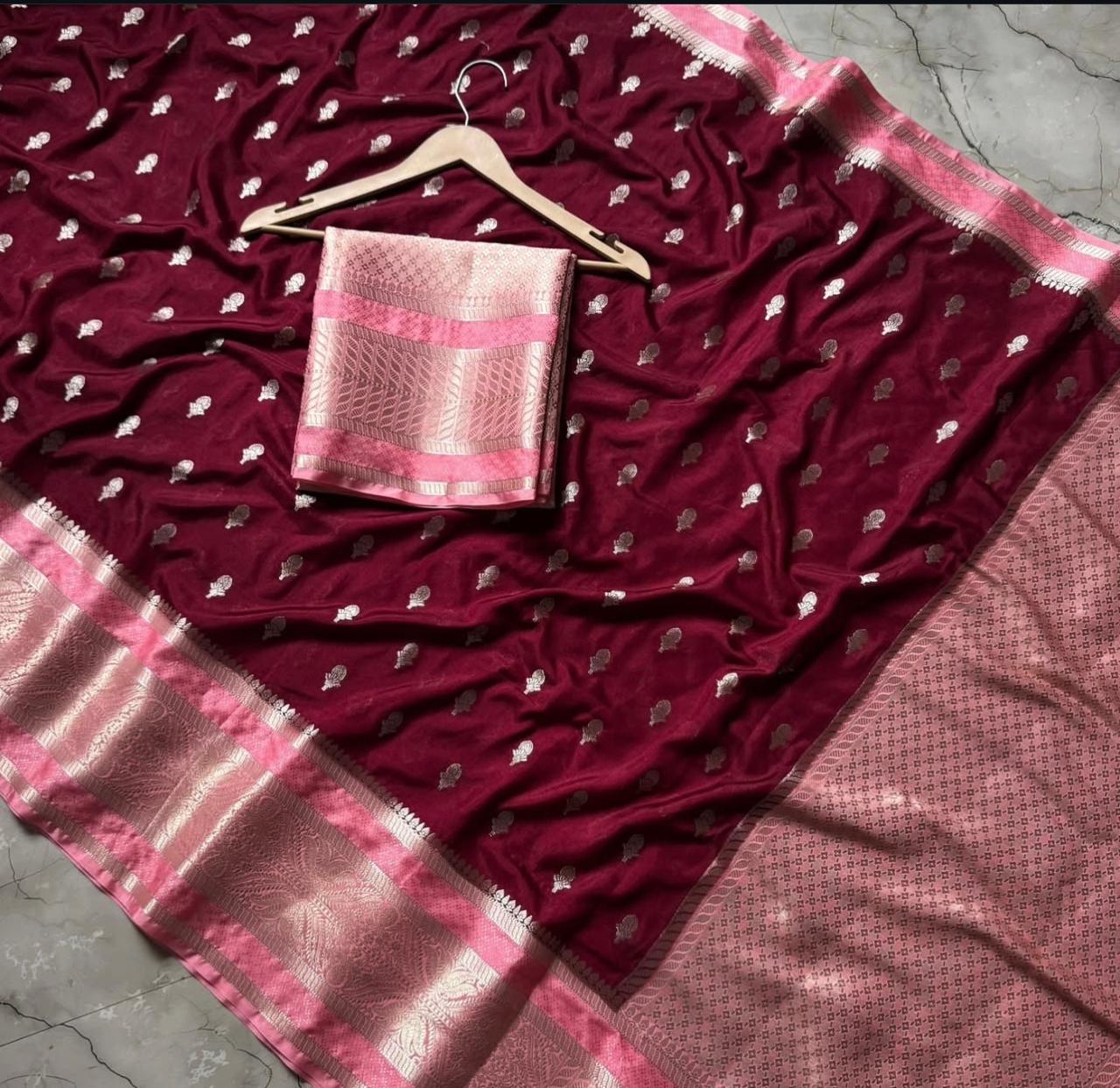Wine Banarasi Kathan Dupion Silk Saree Alna Apparels