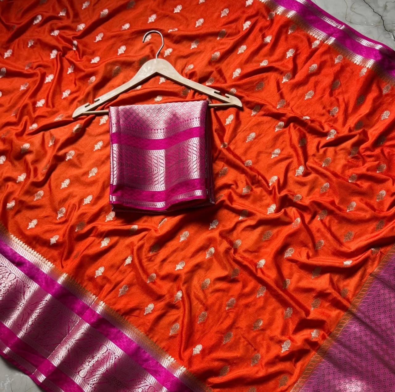 Orange Banarasi Kathan Dupion Silk Saree Alna Apparels