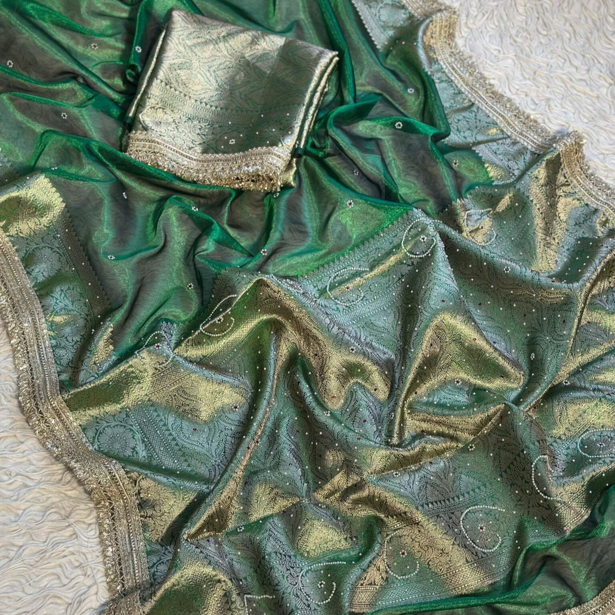Green Banarasi Tissue Silk Saree Classy Stone Work With Lace Alna Apparels