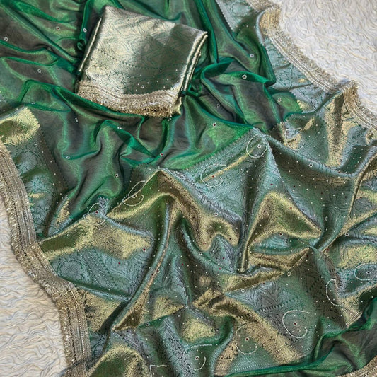 Green Banarasi Tissue Silk Saree Classy Stone Work With Lace Alna Apparels