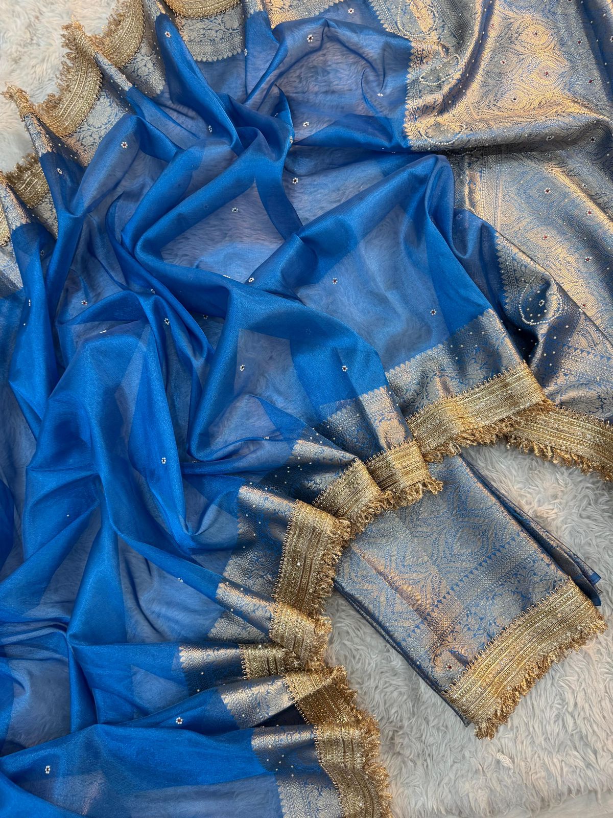 Blue Banarasi Tissue Silk Saree Classy Stone Work With Lace Alna Apparels