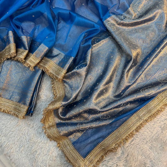 Blue Banarasi Tissue Silk Saree Classy Stone Work With Lace Alna Apparels