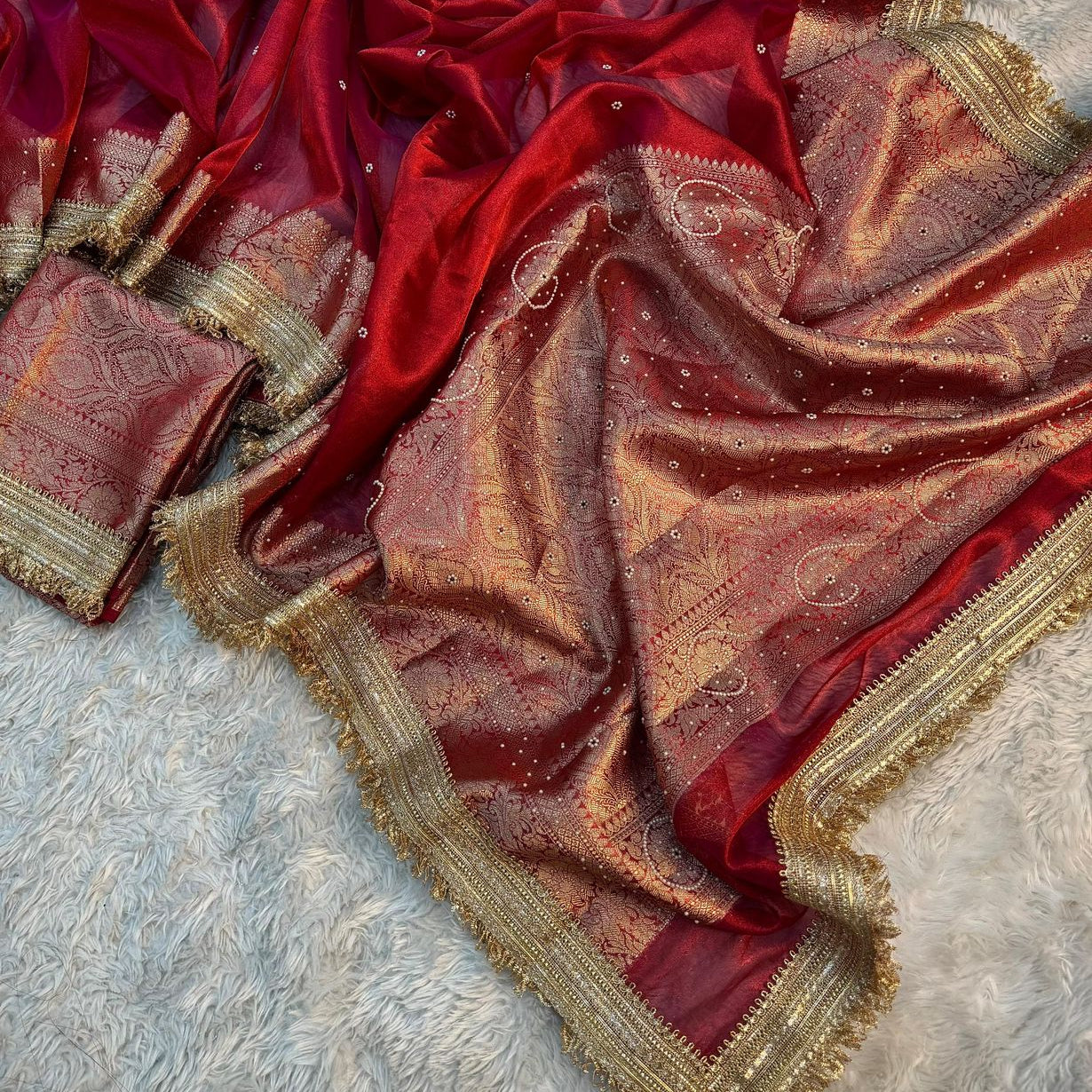 Red Banarasi Tissue Silk Saree Classy Stone Work With Lace Alna Apparels