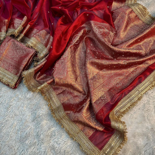 Red Banarasi Tissue Silk Saree Classy Stone Work With Lace Alna Apparels