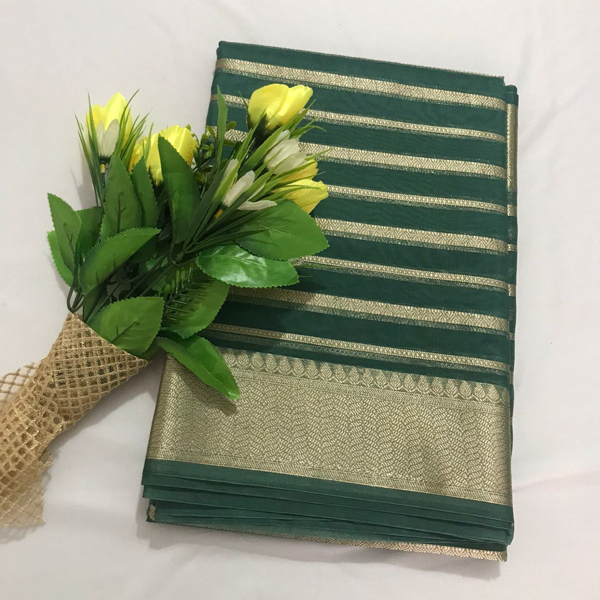 Olive Green Banarasi Organza Silk Saree Alna Apparels