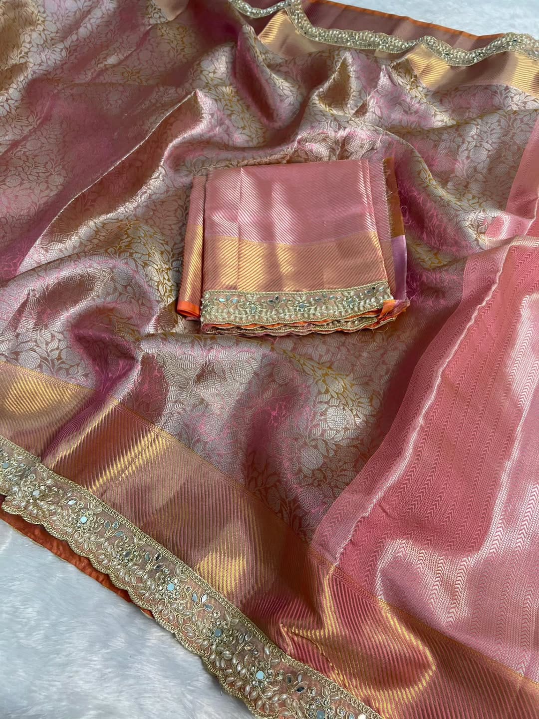 Pink Banarasi Cora Tissue Silk Saree With Lace Work Alna Apparels