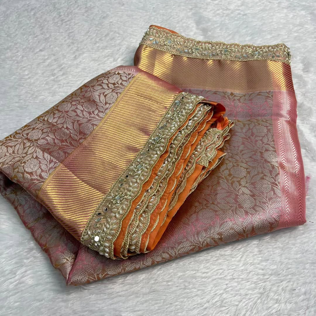 Pink Banarasi Cora Tissue Silk Saree With Lace Work Alna Apparels