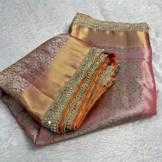 Pink Banarasi Cora Tissue Silk Saree With Lace Work Alna Apparels