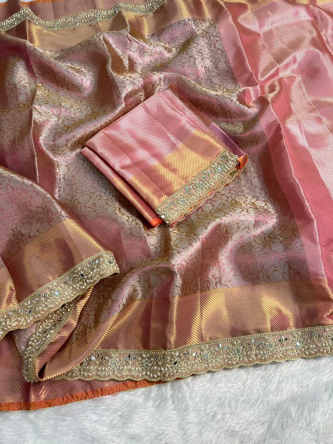 Pink Banarasi Cora Tissue Silk Saree With Lace Work Alna Apparels