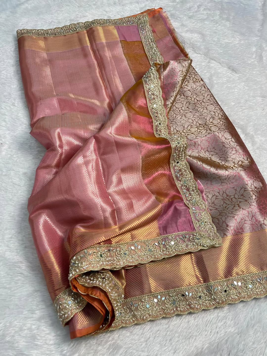 Pink Banarasi Cora Tissue Silk Saree With Lace Work Alna Apparels