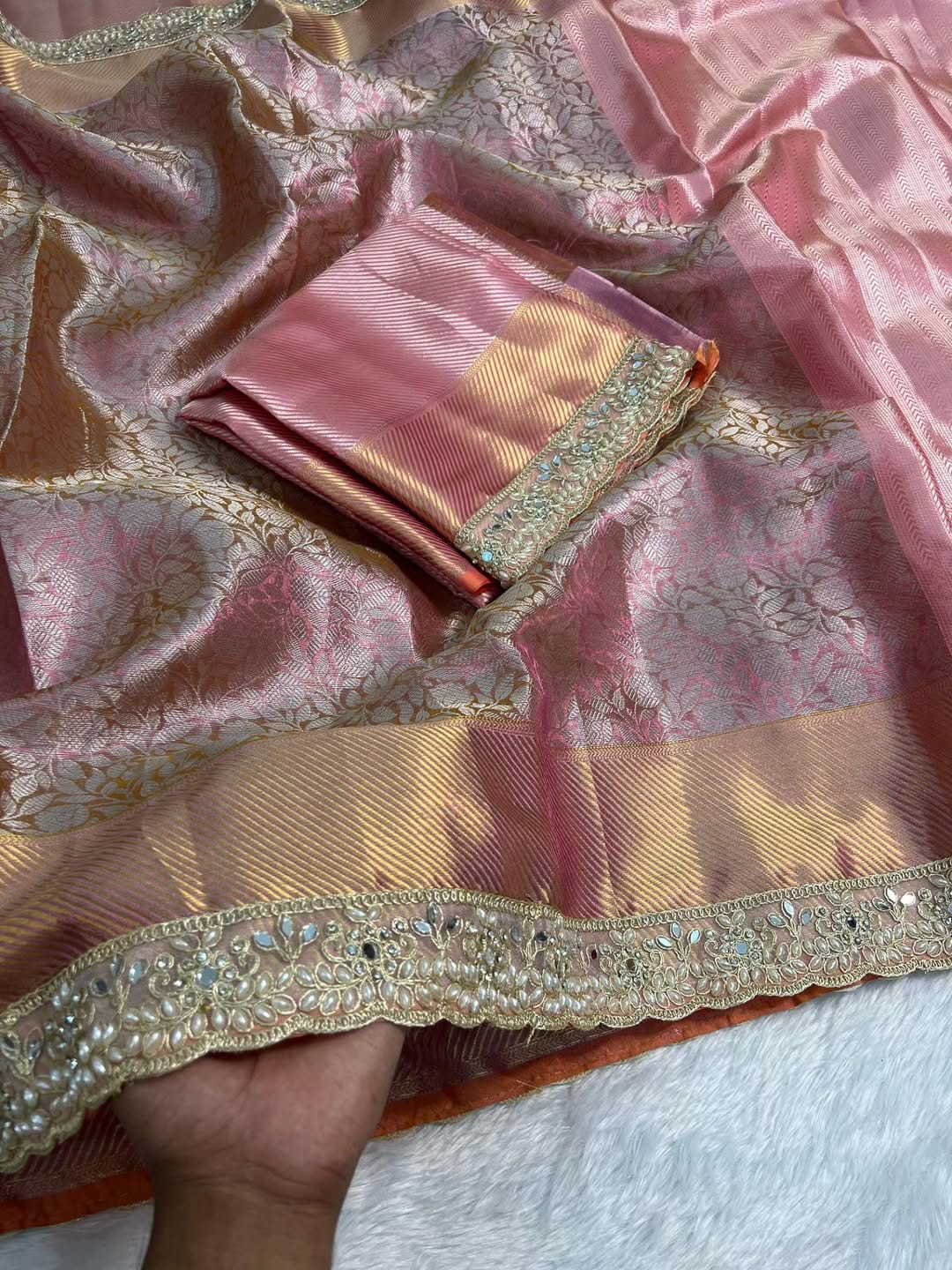 Pink Banarasi Cora Tissue Silk Saree With Lace Work Alna Apparels