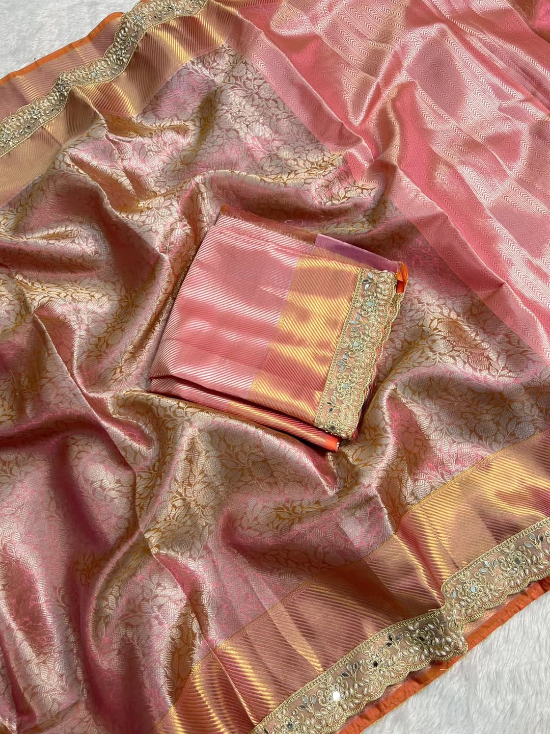 Pink Banarasi Cora Tissue Silk Saree With Lace Work Alna Apparels