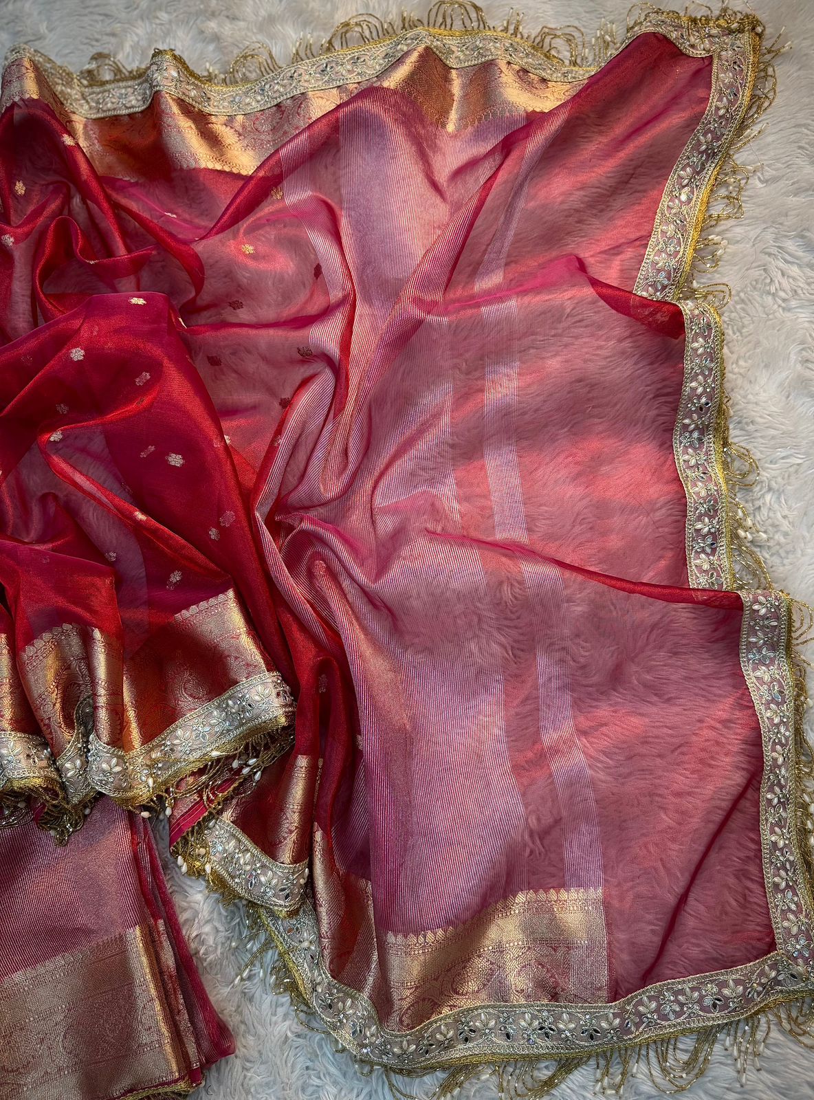 Red Banarasi Tissue Silk Saree With Lace Work Alna Apparels