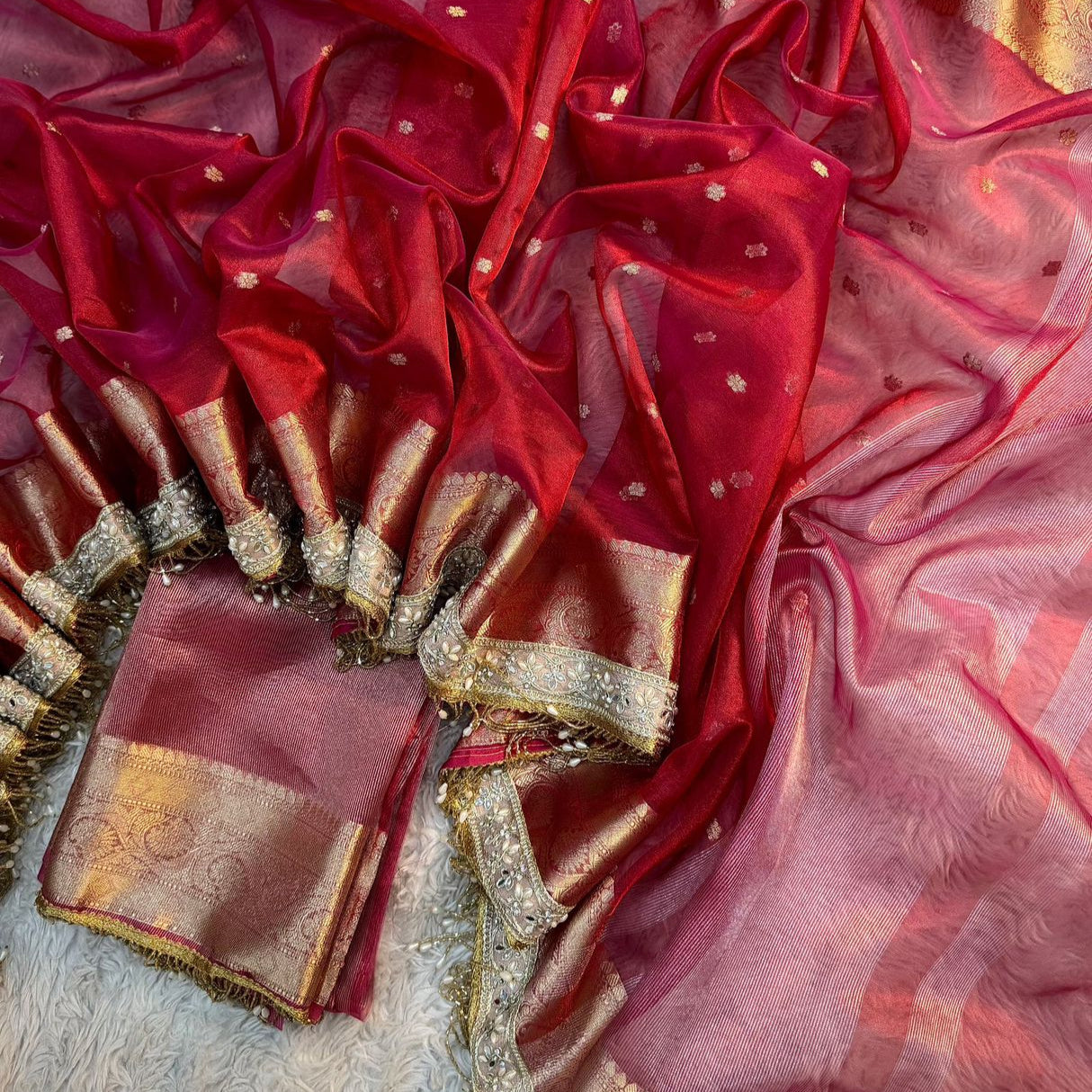 Red Banarasi Tissue Silk Saree With Lace Work Alna Apparels