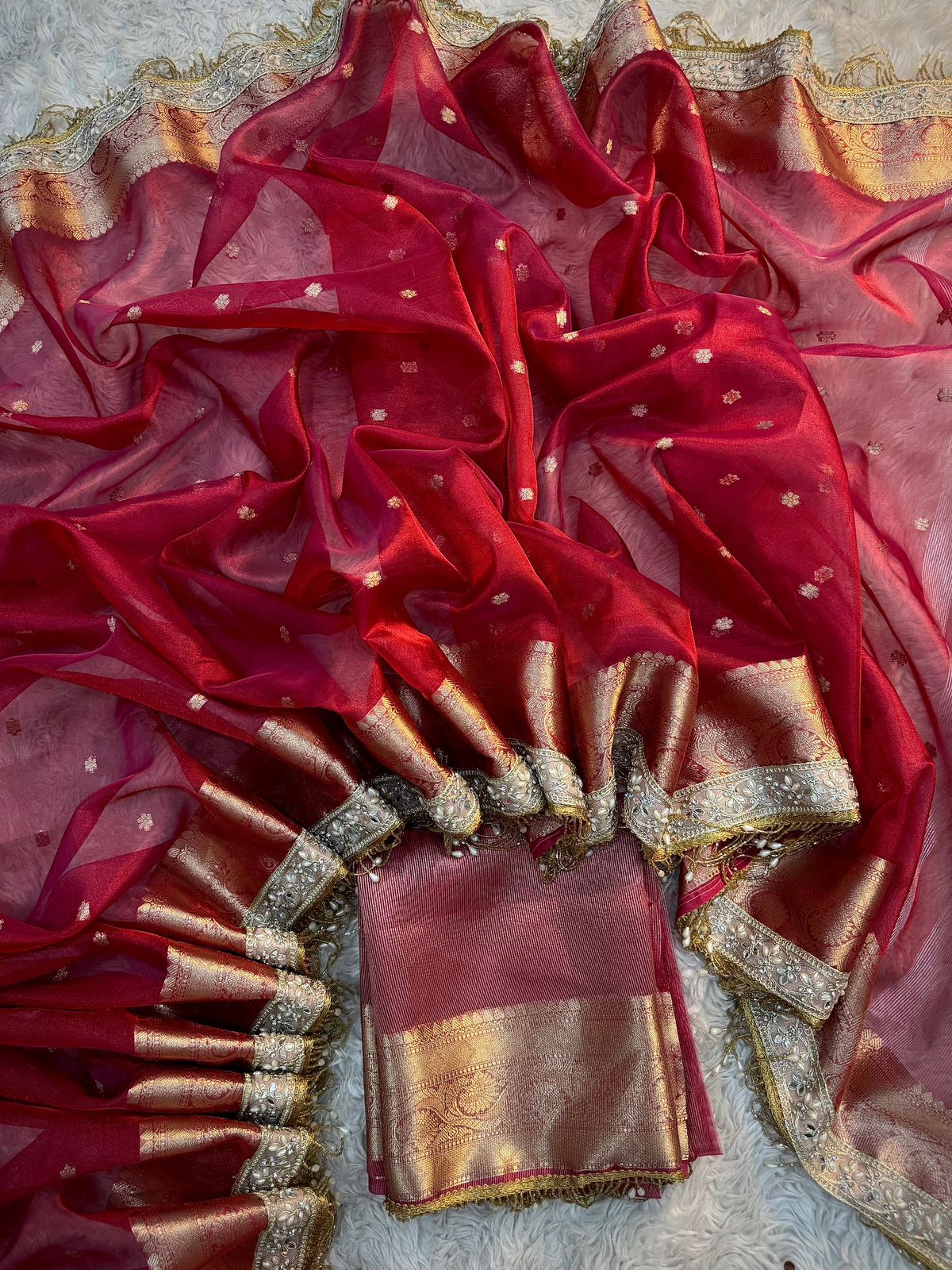 Red Banarasi Tissue Silk Saree With Lace Work Alna Apparels