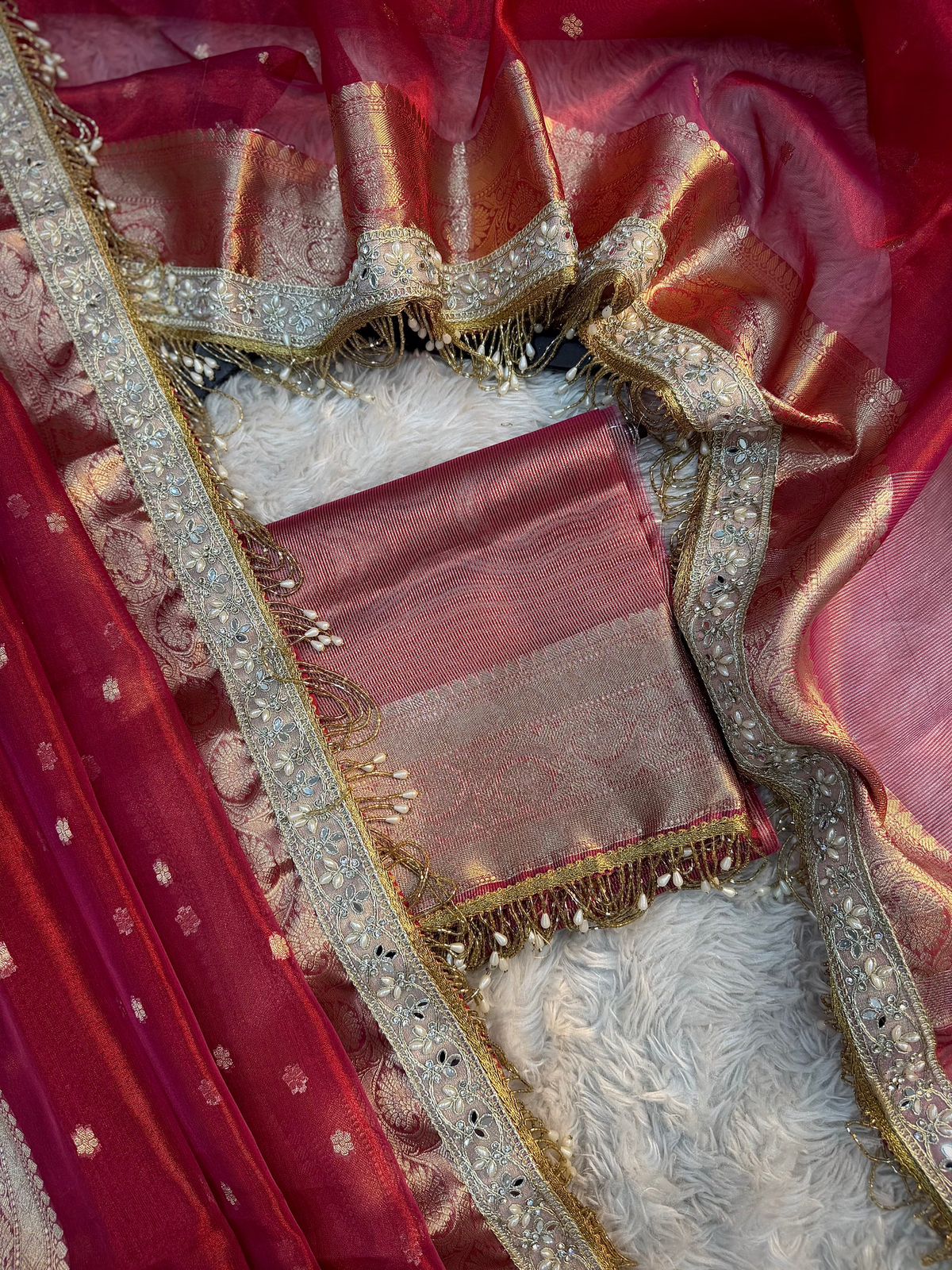 Red Banarasi Tissue Silk Saree With Lace Work Alna Apparels