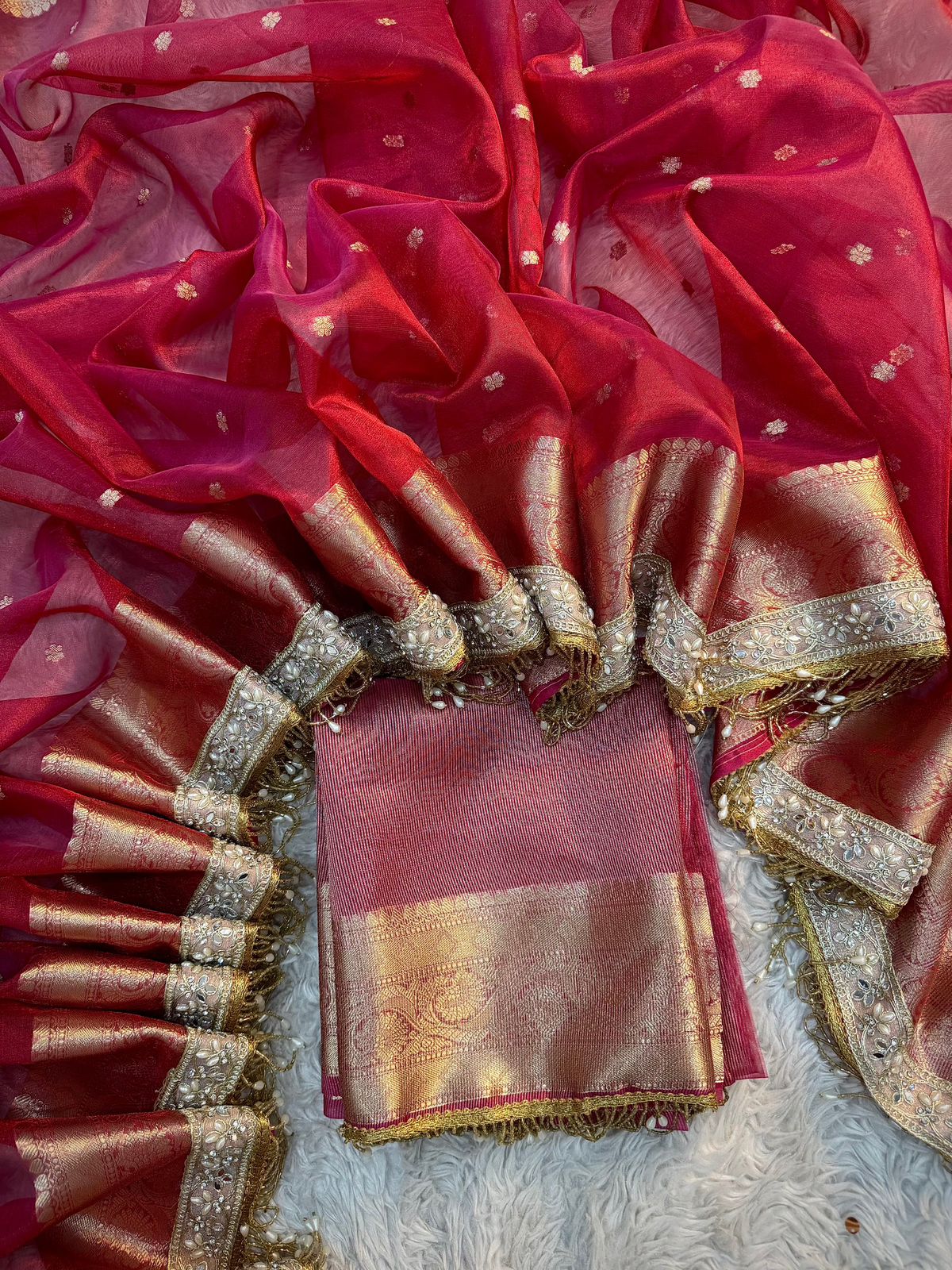 Red Banarasi Tissue Silk Saree With Lace Work Alna Apparels