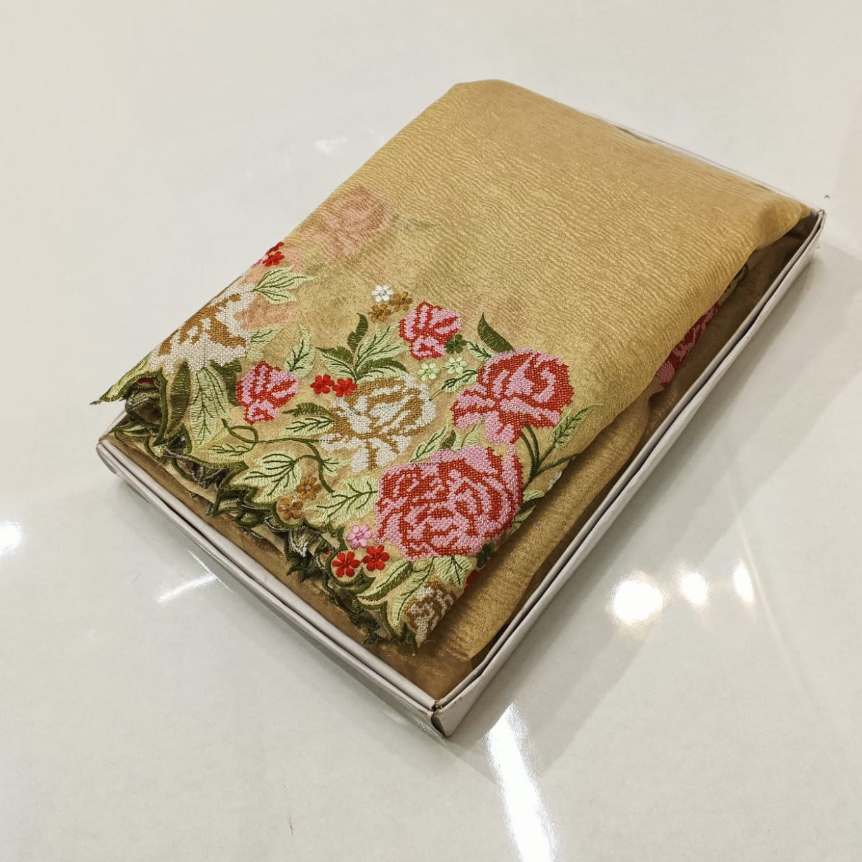 Gold Banarasi Crush Tissue Embroidery Cutwork Saree Alna Apparels