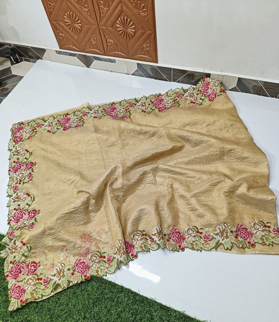 Gold Banarasi Crush Tissue Embroidery Cutwork Saree Alna Apparels