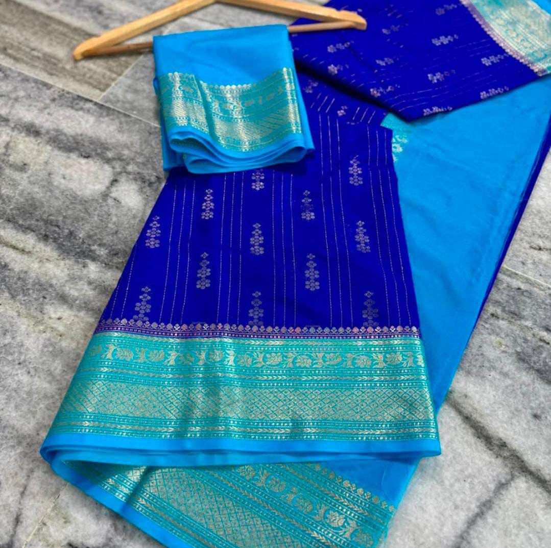 Blue Banarasi Kathan Gorgette Silk Saree Alna Apparels