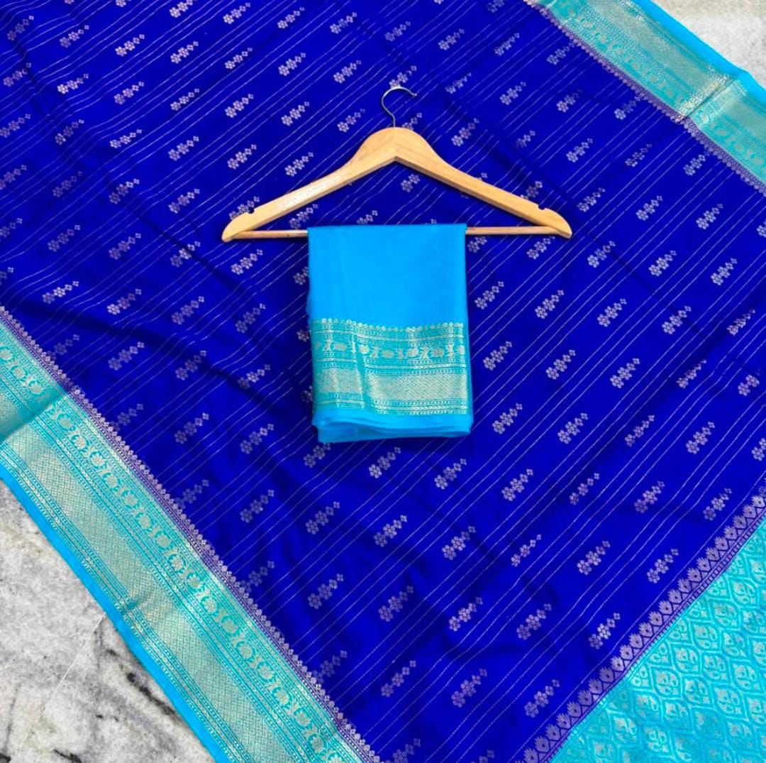 Blue Banarasi Kathan Gorgette Silk Saree Alna Apparels