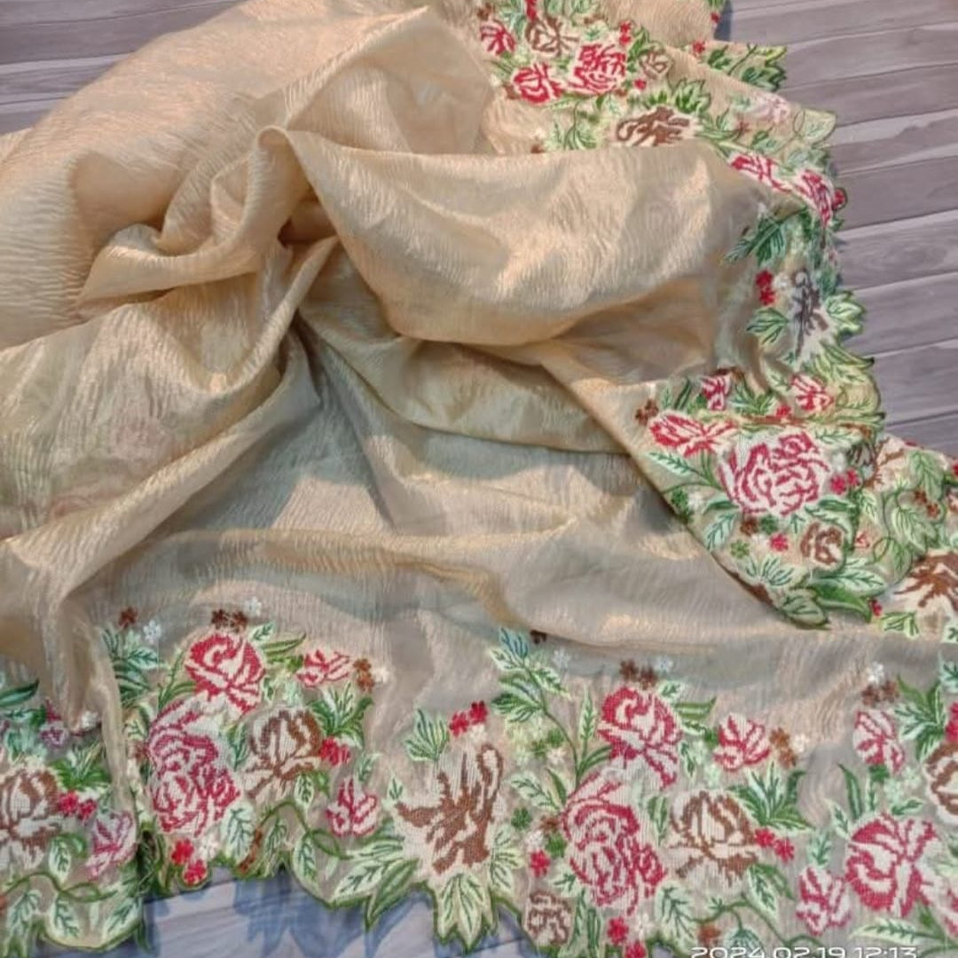 Gold Banarasi Crush Tissue Embroidery Cutwork Saree Alna Apparels