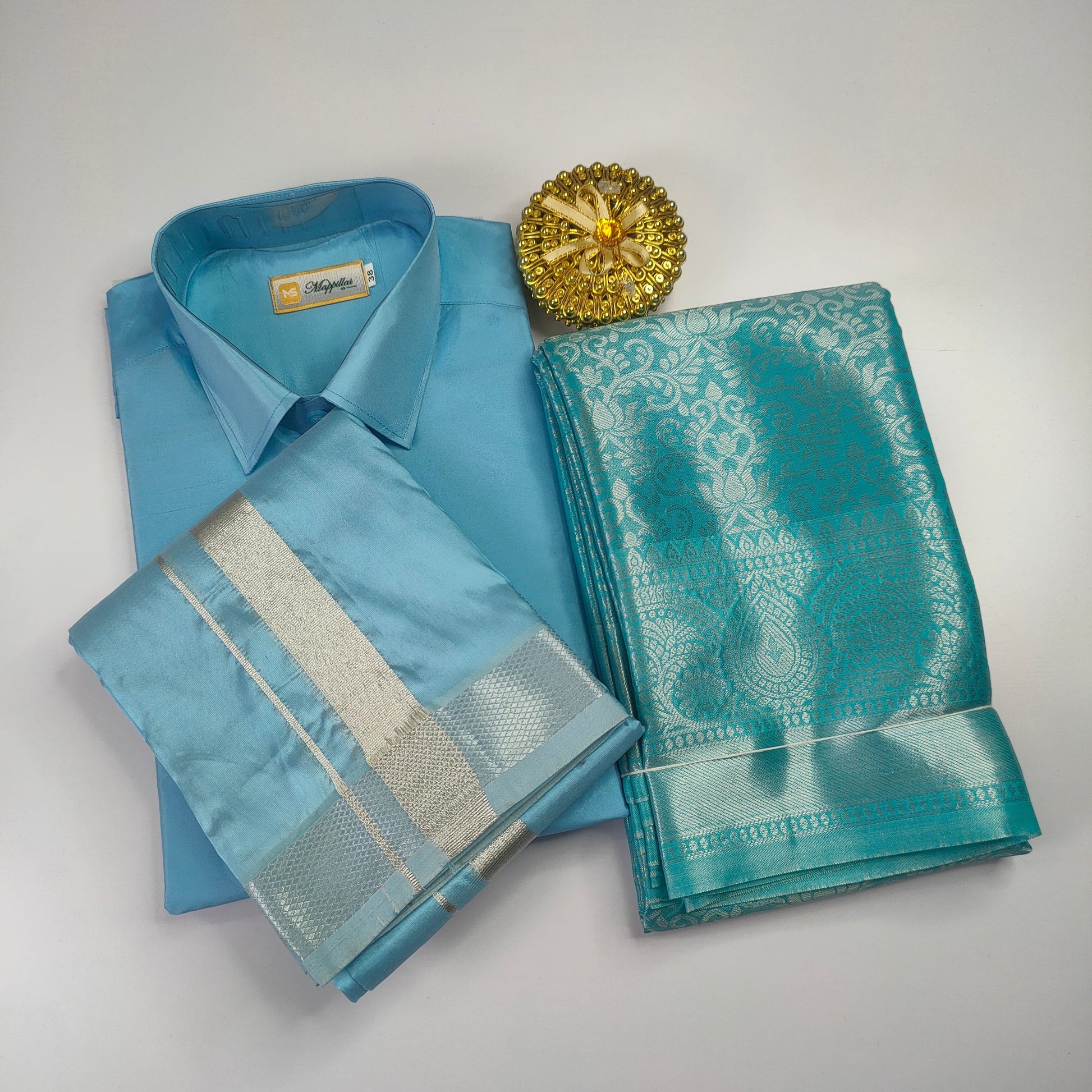 Light Blue Color Premium Ethnic Wear Couple Combo Set Alna Apparels