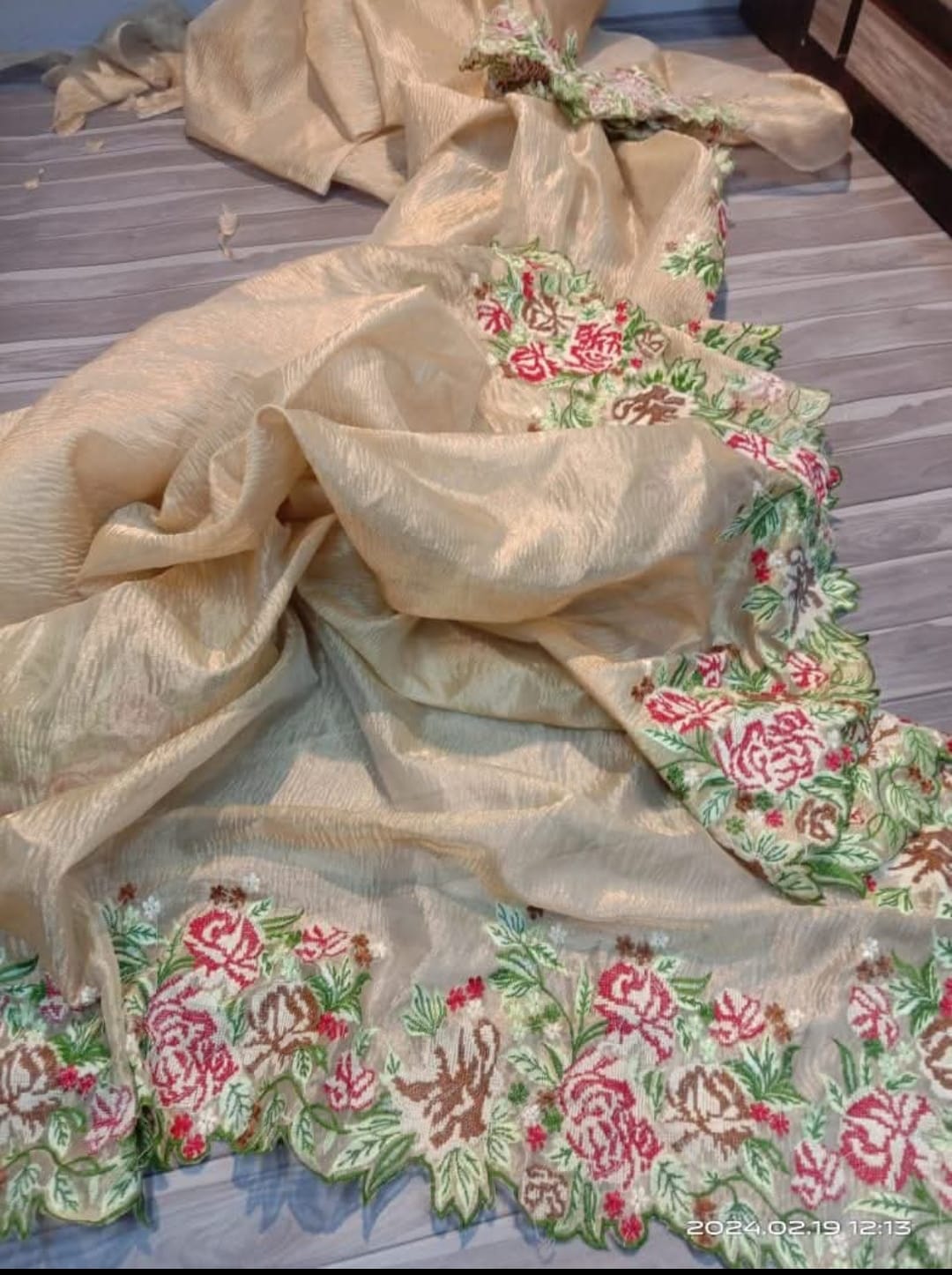 Gold Banarasi Crush Tissue Embroidery Cutwork Saree Alna Apparels