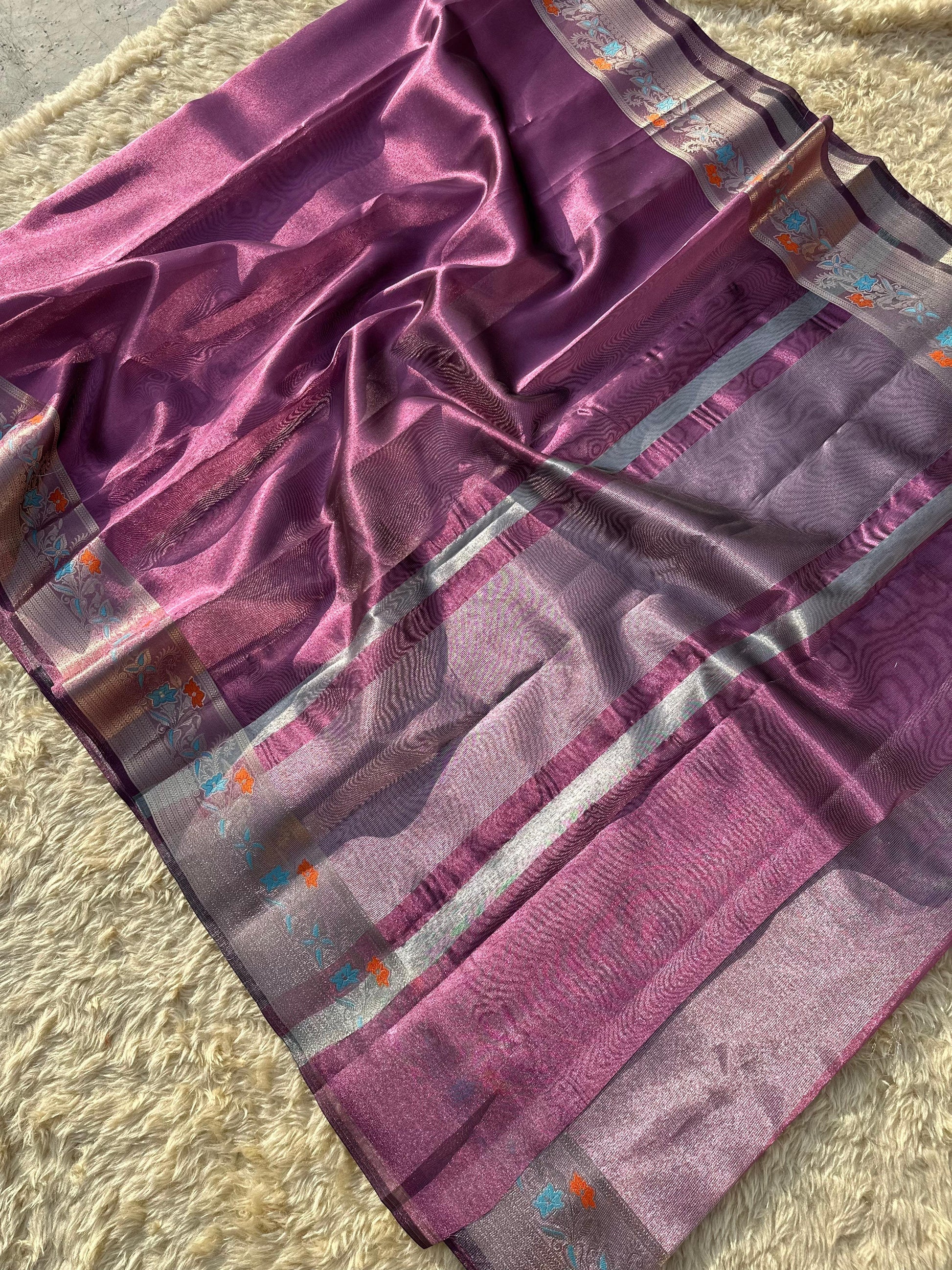 Lavender Color Banarasi Tissue Silk Saree - Alna Apparels
