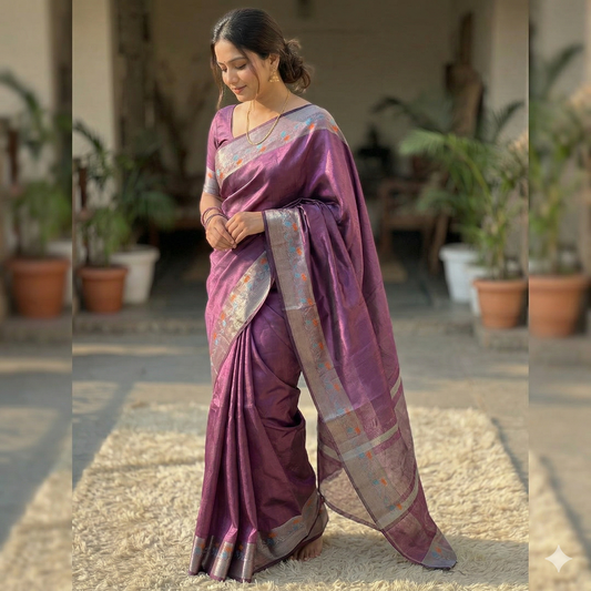 Lavender Color Banarasi Tissue Silk Saree Alna Apparels