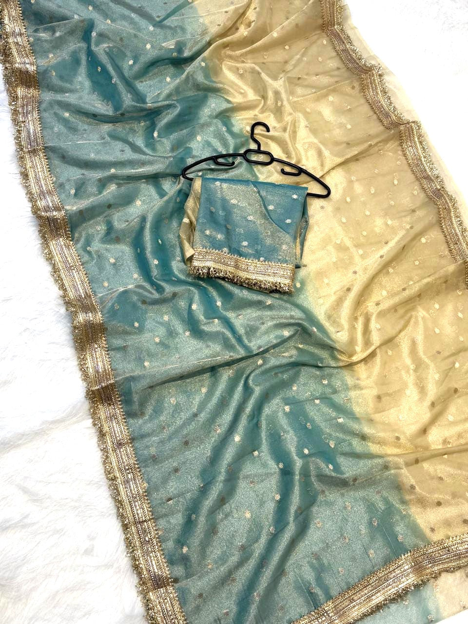 Light Blue Banarasi Tissue Silk Saree Buti Work with Lace Alna Apparels