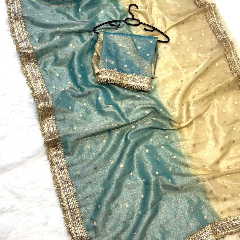 Light Blue Banarasi Tissue Silk Saree Buti Work with Lace Alna Apparels