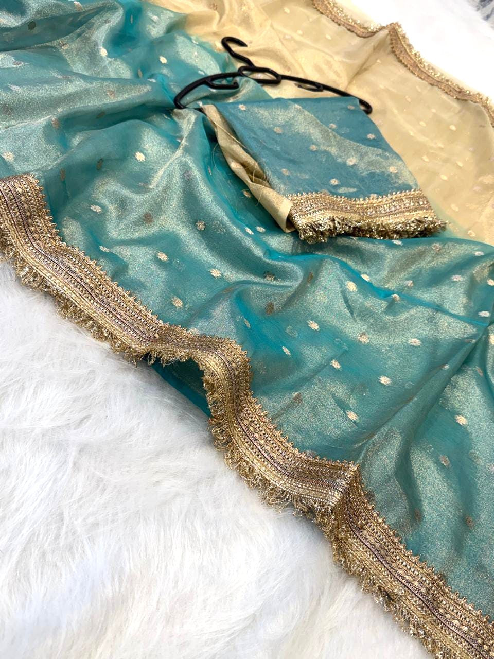 Light Blue Banarasi Tissue Silk Saree Buti Work with Lace Alna Apparels