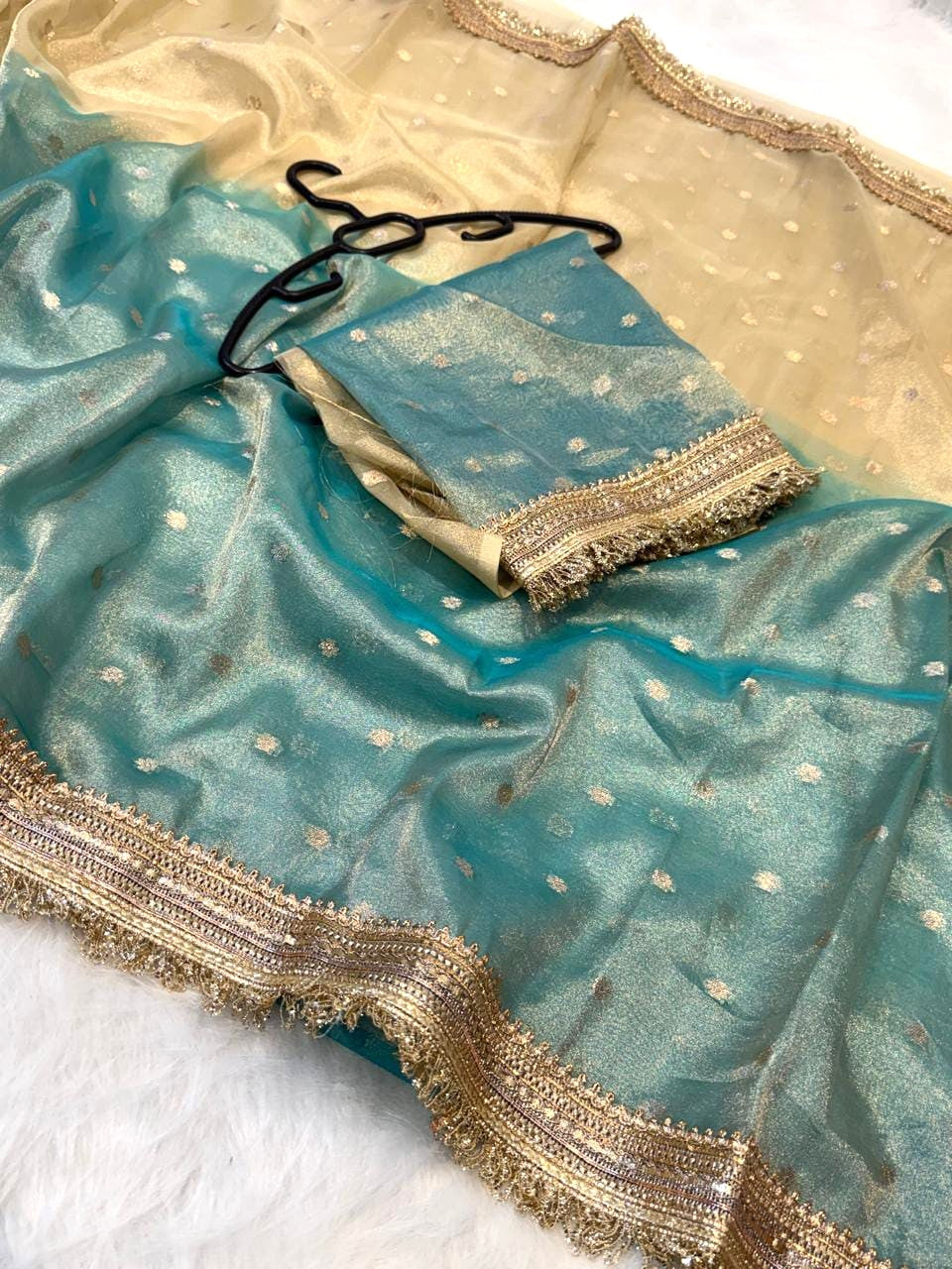 Light Blue Banarasi Tissue Silk Saree Buti Work with Lace Alna Apparels