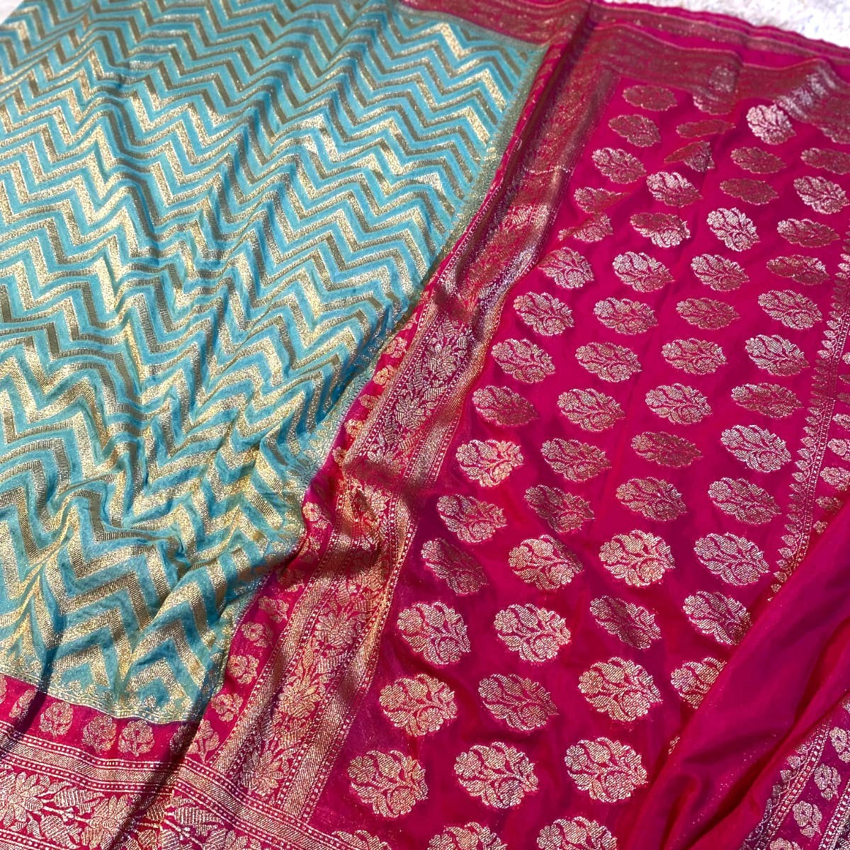 Light Blue Color Banarasi Kathan Georgette Silk Saree Alna Apparels